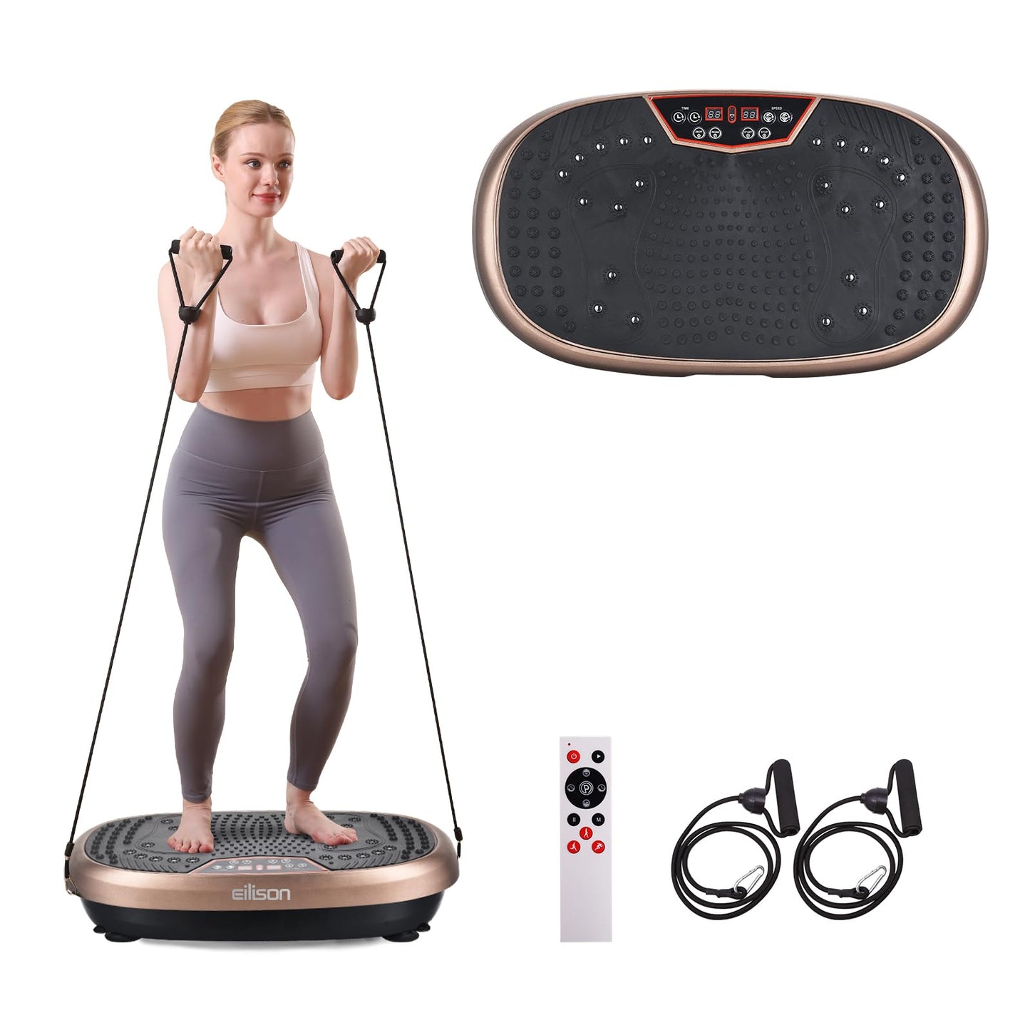 EILISON vibration plate, full-body workout, weight loss, recovery, includes resistance bands.