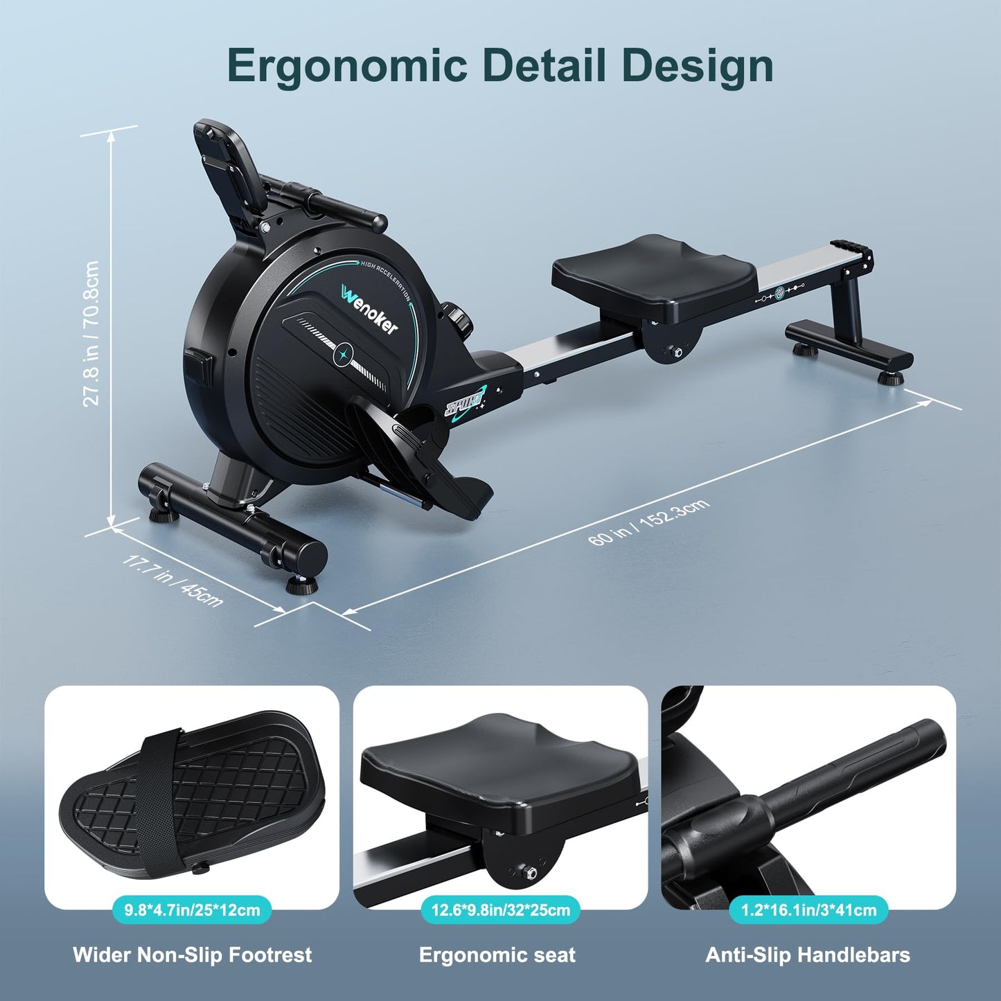 Wenoker rowing machine, magnetic resistance, 16 levels, 350LB capacity, Bluetooth app, LCD monitor.