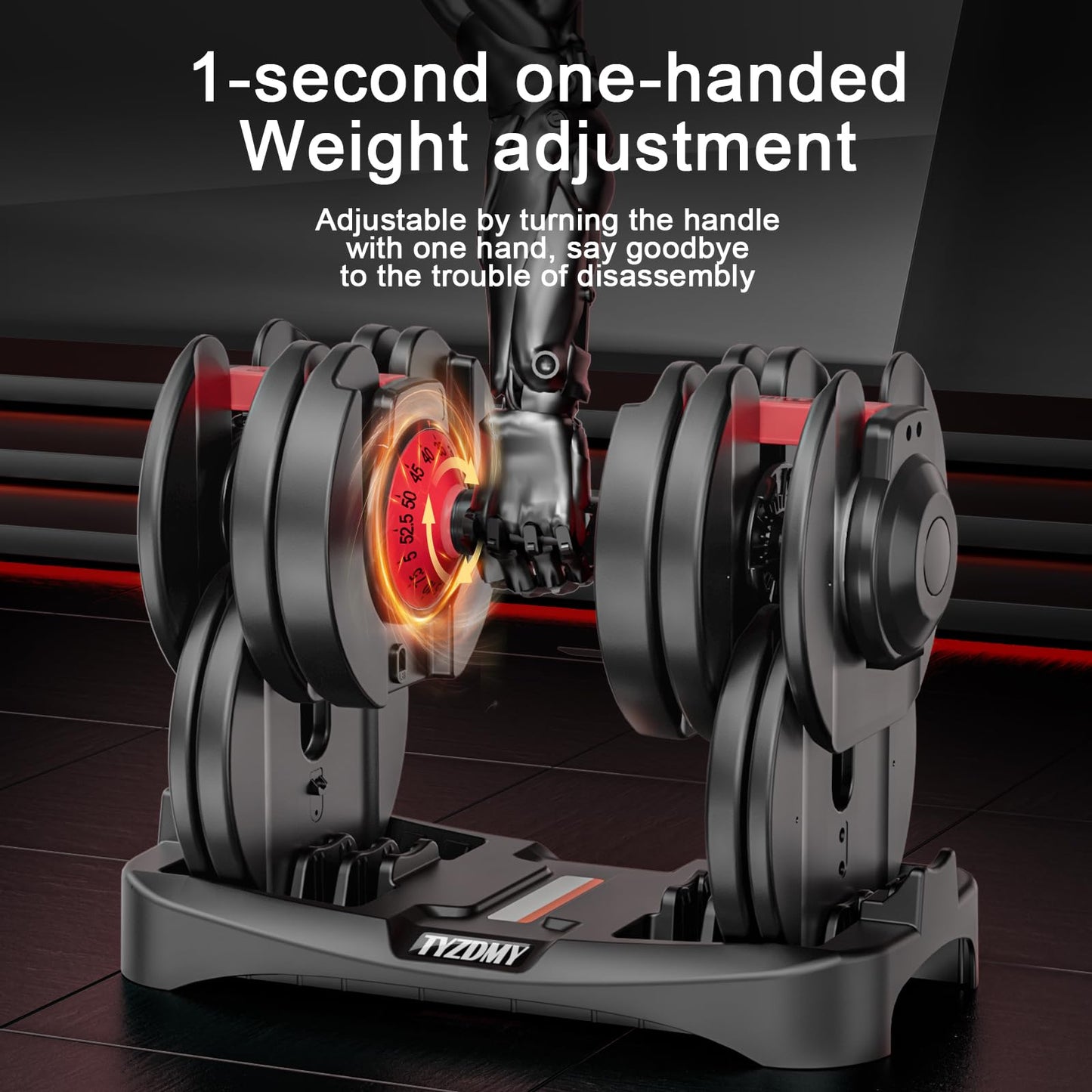 TYZDMY adjustable dumbbells, 105lbs set, 15-in-1, ideal for home fitness training.