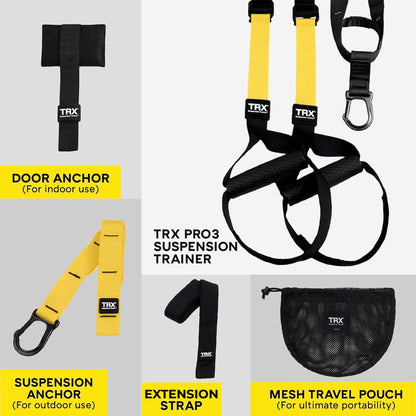 TRX Pro3 suspension trainer, full-body training, strength, HIIT, cardio, indoor/outdoor use.