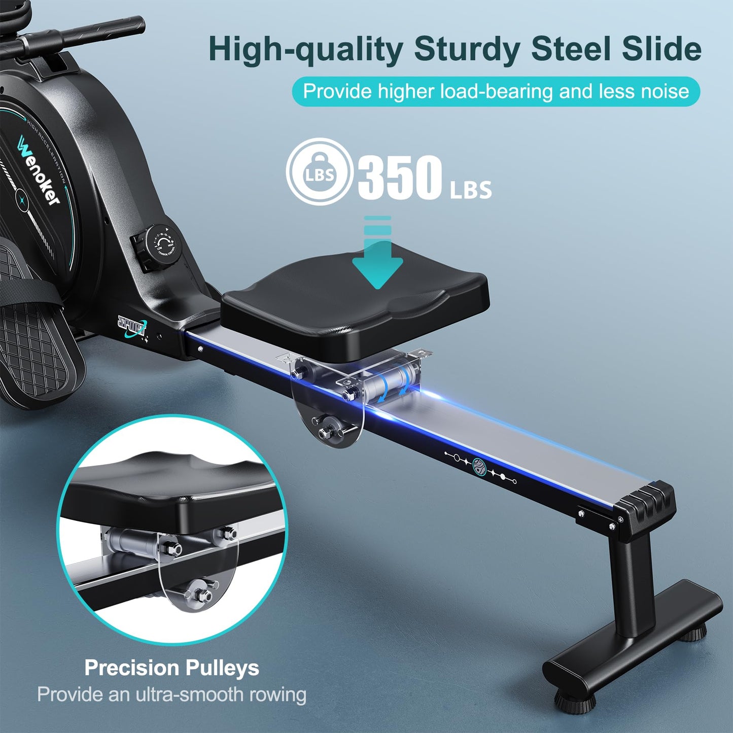 Wenoker rowing machine, magnetic resistance, 16 levels, 350LB capacity, Bluetooth app, LCD monitor.