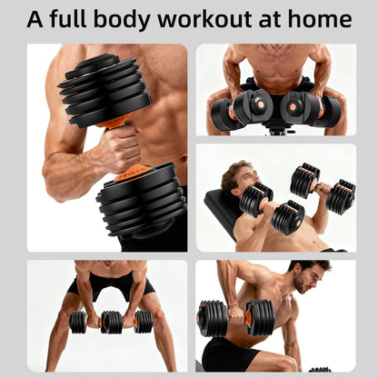 Moveta adjustable dumbbells, 105lbs set, 15-in-1 design, ideal for home strength training.