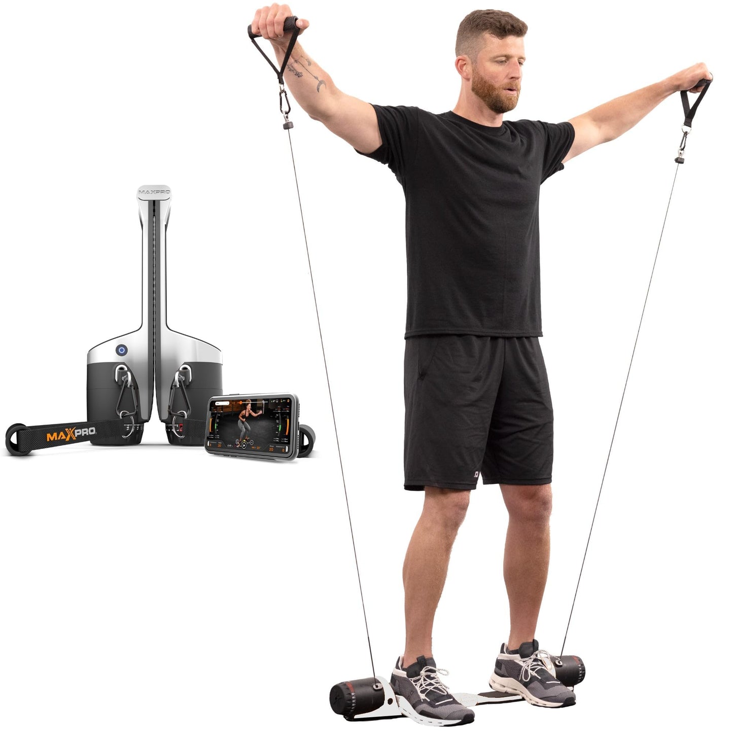 MAXPRO cable gym, portable smart system, 5–300lbs resistance, Bluetooth connected, full-body training.