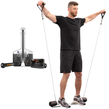 MAXPRO cable gym, portable smart system, 5–300lbs resistance, Bluetooth connected, full-body training.