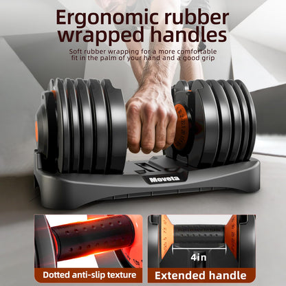 Moveta adjustable dumbbells, 105lbs set, 15-in-1 design, ideal for home strength training.