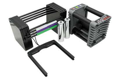 PowerBlock Elite EXP dumbbells, adjustable 5–50lbs, compact, durable all-in-one weights.