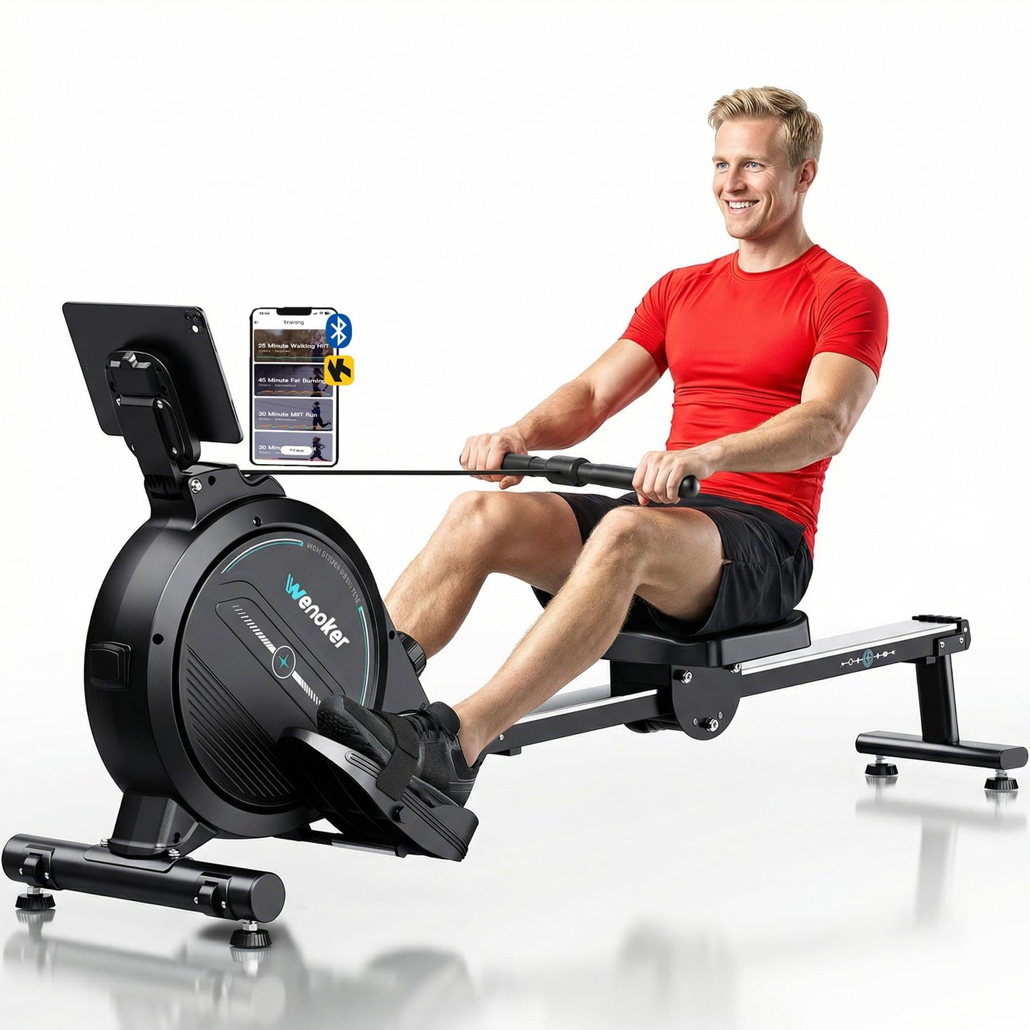 Wenoker rowing machine, magnetic resistance, 16 levels, 350LB capacity, Bluetooth app, LCD monitor.