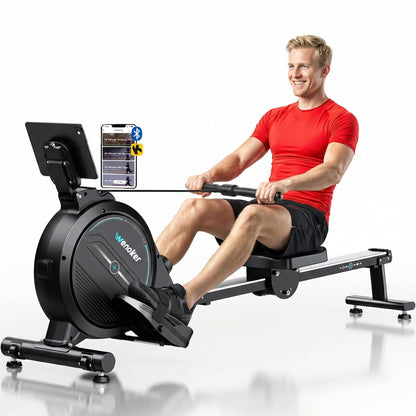 Wenoker rowing machine, magnetic resistance, 16 levels, 350LB capacity, Bluetooth app, LCD monitor.