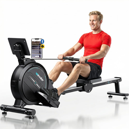 Wenoker rowing machine, magnetic resistance, 16 levels, 350LB capacity, Bluetooth app, LCD monitor.
