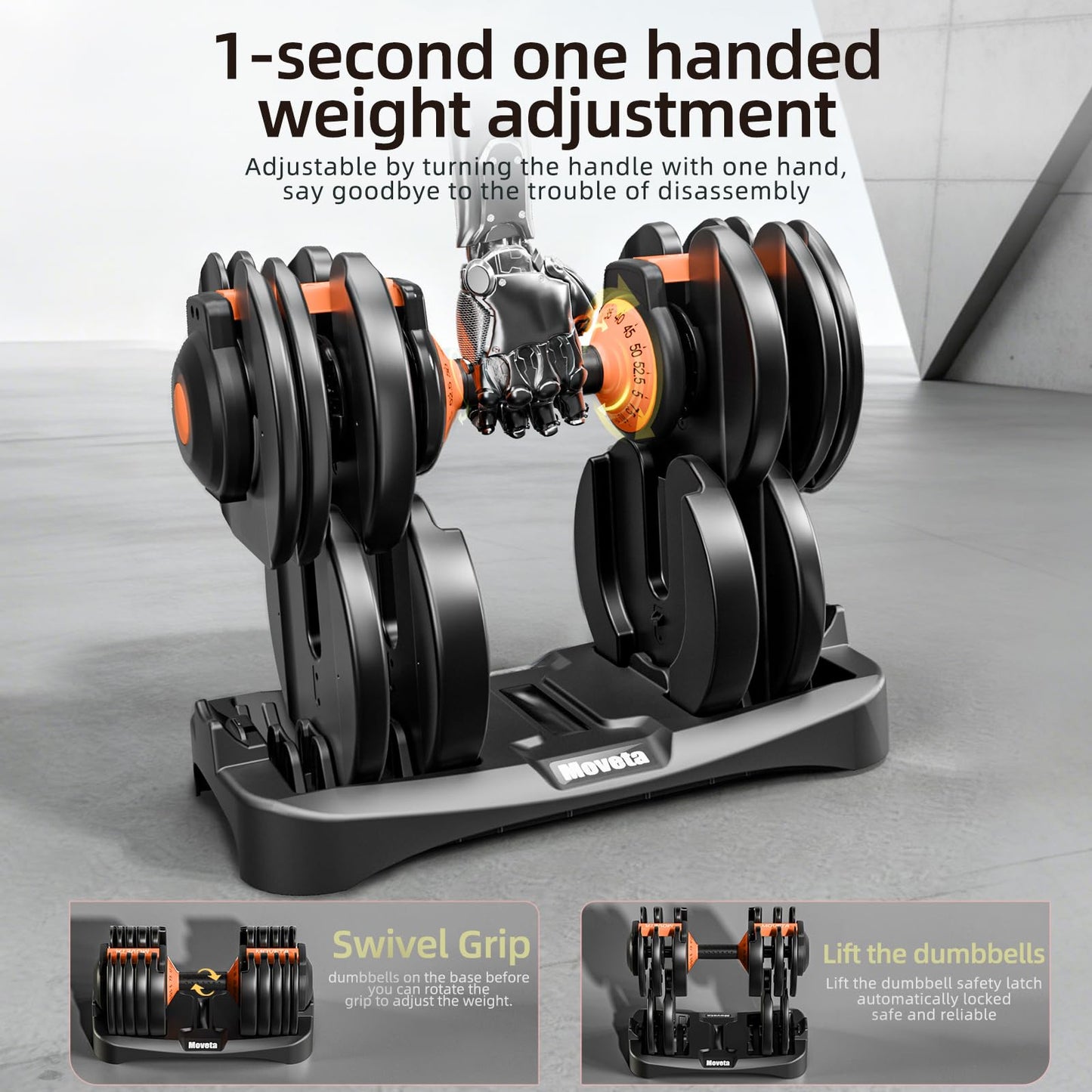 Moveta adjustable dumbbells, 105lbs set, 15-in-1 design, ideal for home strength training.