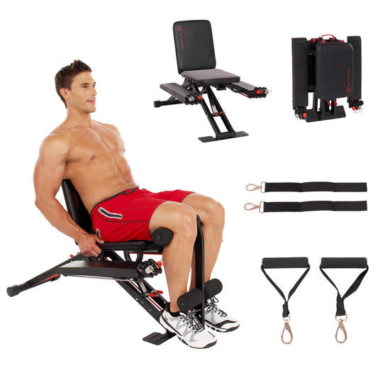 TOTAL FLEX folding bench, multi-function workout bench, compact home gym equipment.