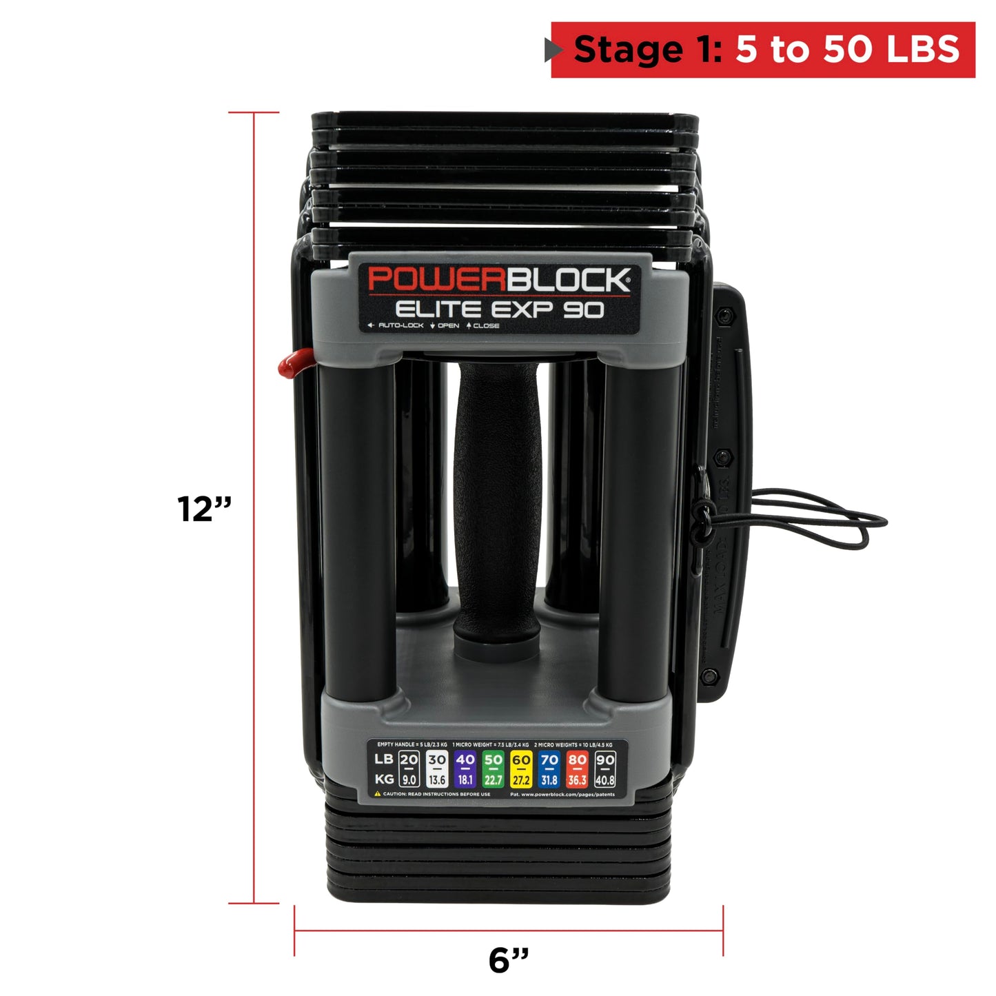 PowerBlock Elite EXP dumbbells, adjustable 5–50lbs, compact, durable all-in-one weights.