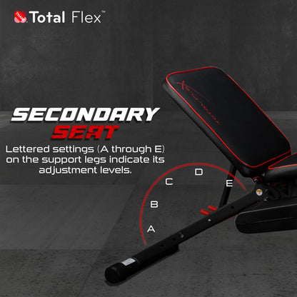 TOTAL FLEX folding bench, multi-function workout bench, compact home gym equipment.