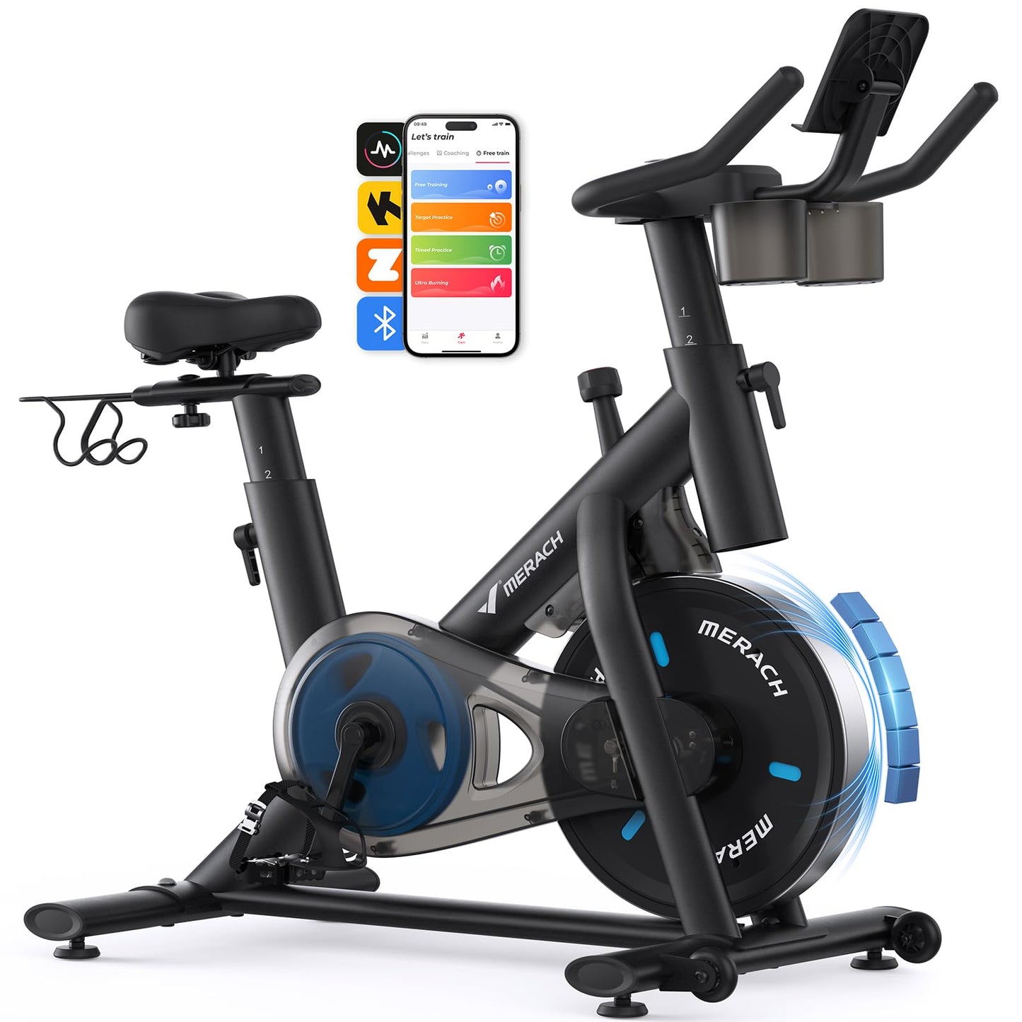 Merach exercise bike, quiet magnetic system, app support, 270LB capacity, home cycling.