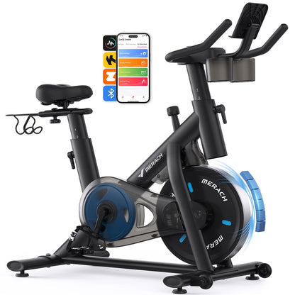 Merach exercise bike, quiet magnetic system, app support, 270LB capacity, home cycling.