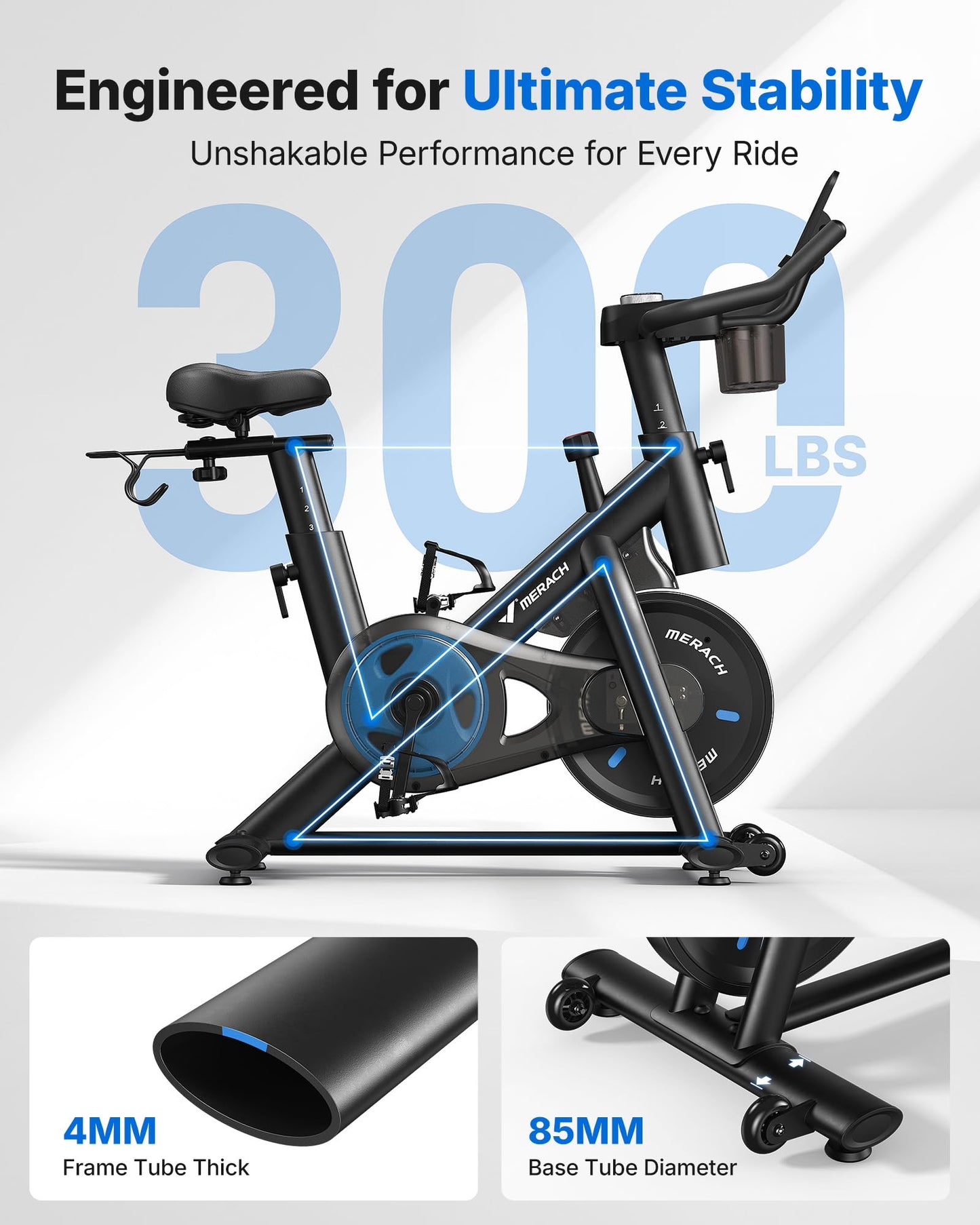Merach exercise bike, quiet magnetic system, app support, 270LB capacity, home cycling.