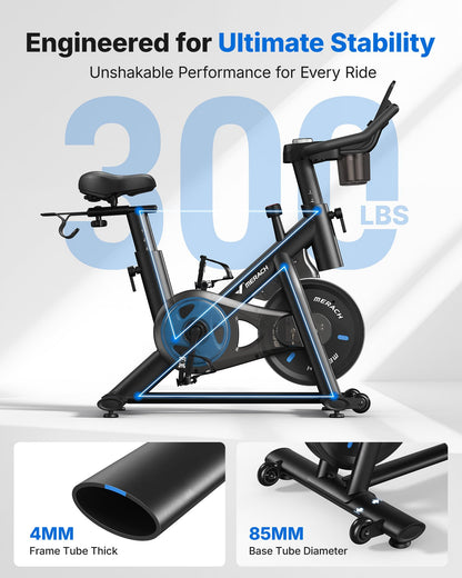 Merach exercise bike, quiet magnetic system, app support, 270LB capacity, home cycling.
