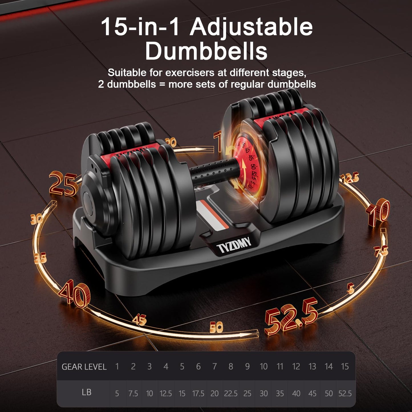 TYZDMY adjustable dumbbells, 105lbs set, 15-in-1, ideal for home fitness training.