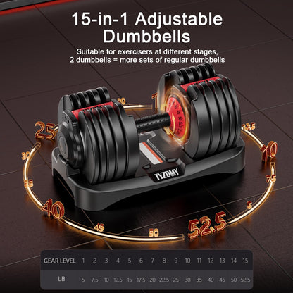 TYZDMY adjustable dumbbells, 105lbs set, 15-in-1, ideal for home fitness training.