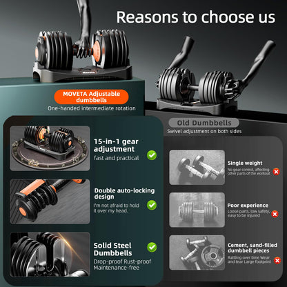 Moveta adjustable dumbbells, 105lbs set, 15-in-1 design, ideal for home strength training.