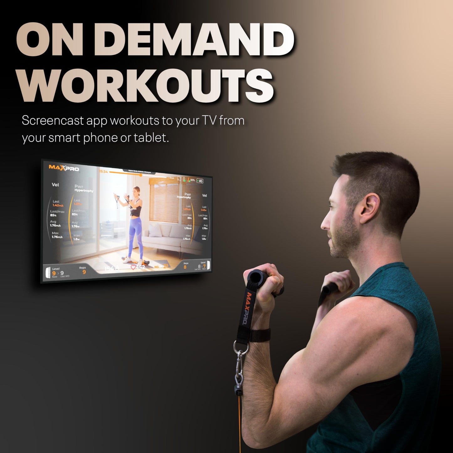 MAXPRO cable gym, portable smart system, 5–300lbs resistance, Bluetooth connected, full-body training.