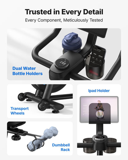 Merach exercise bike, quiet magnetic system, app support, 270LB capacity, home cycling.