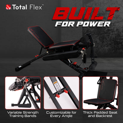 TOTAL FLEX folding bench, multi-function workout bench, compact home gym equipment.