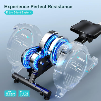 Wenoker rowing machine, magnetic resistance, 16 levels, 350LB capacity, Bluetooth app, LCD monitor.