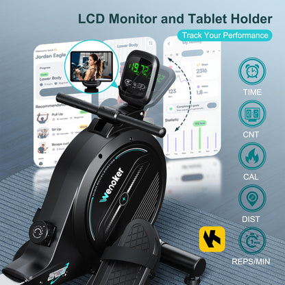 Wenoker rowing machine, magnetic resistance, 16 levels, 350LB capacity, Bluetooth app, LCD monitor.