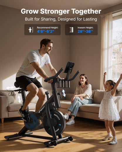Merach exercise bike, quiet magnetic system, app support, 270LB capacity, home cycling.