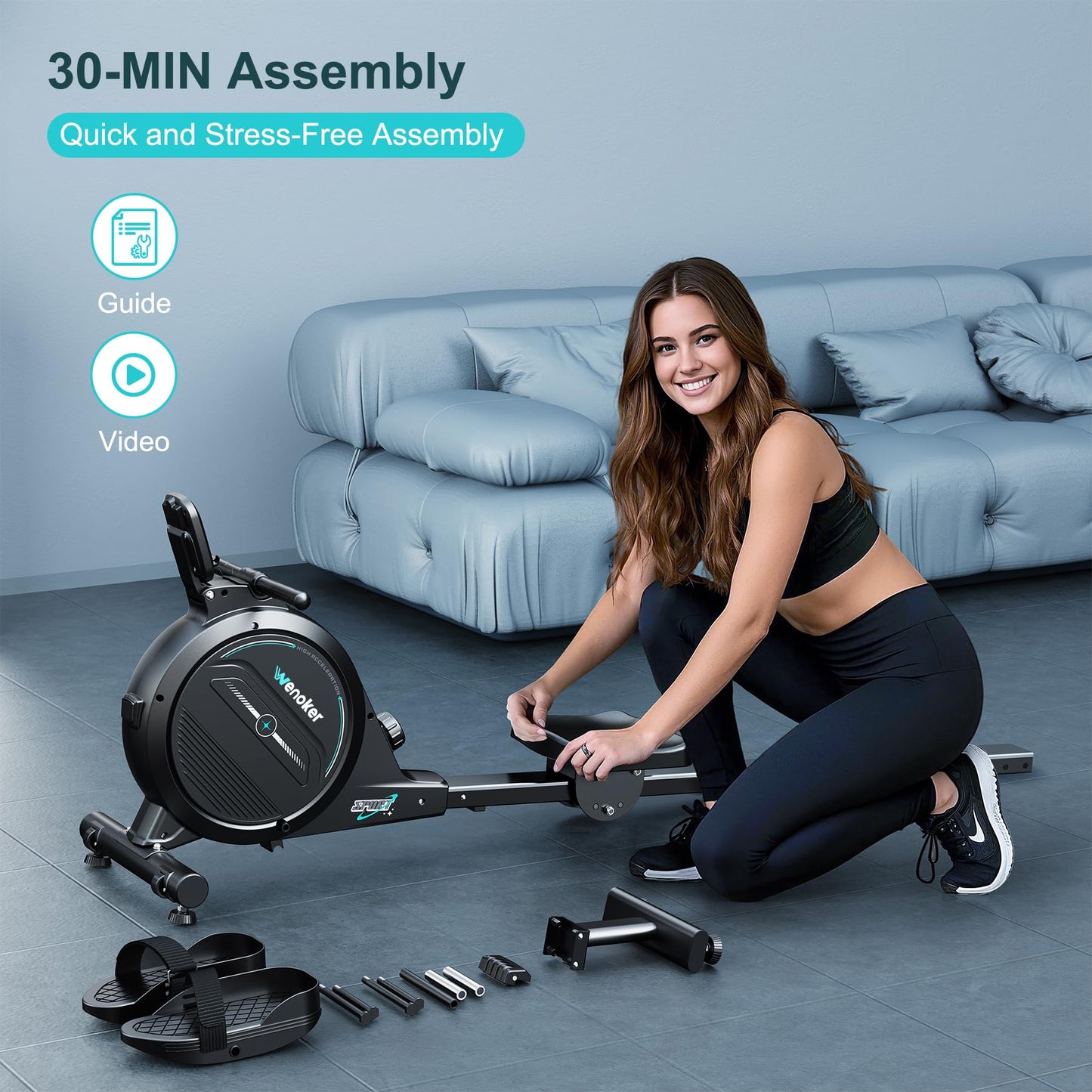 Wenoker rowing machine, magnetic resistance, 16 levels, 350LB capacity, Bluetooth app, LCD monitor.