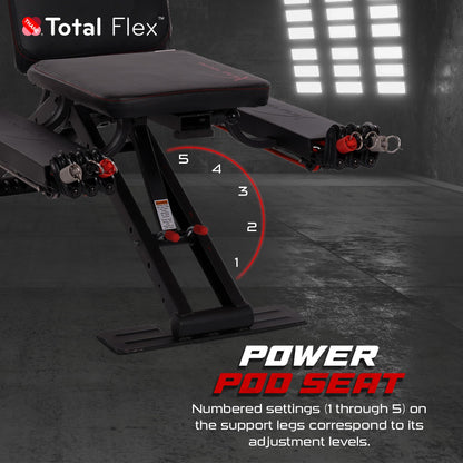 TOTAL FLEX folding bench, multi-function workout bench, compact home gym equipment.