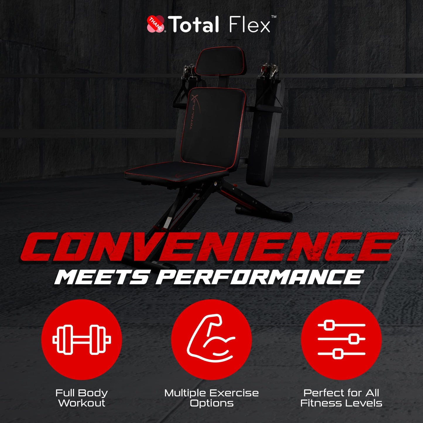 TOTAL FLEX folding bench, multi-function workout bench, compact home gym equipment.