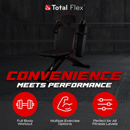 TOTAL FLEX folding bench, multi-function workout bench, compact home gym equipment.