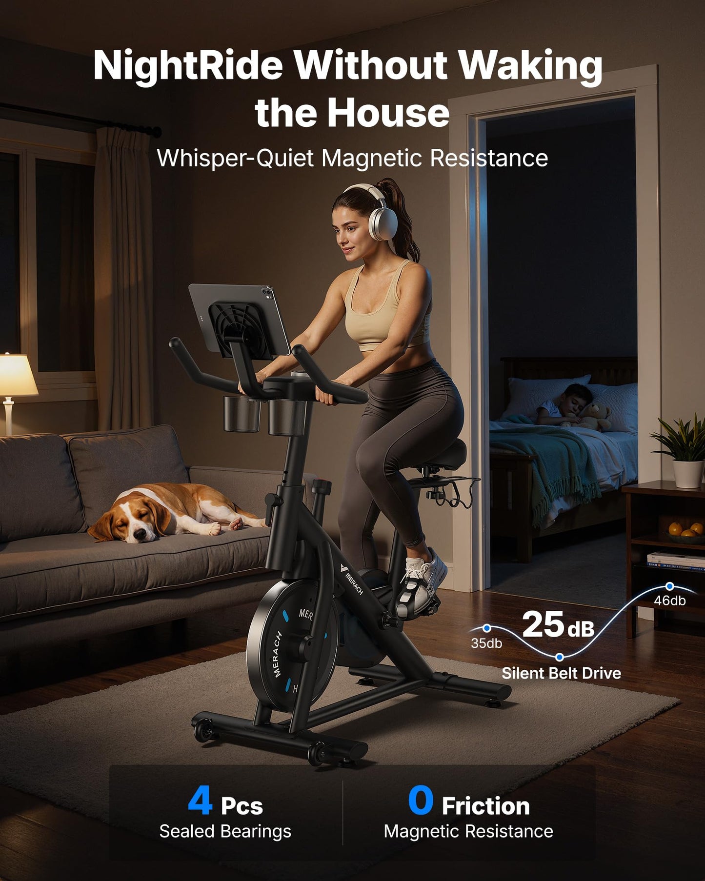 Merach exercise bike, quiet magnetic system, app support, 270LB capacity, home cycling.