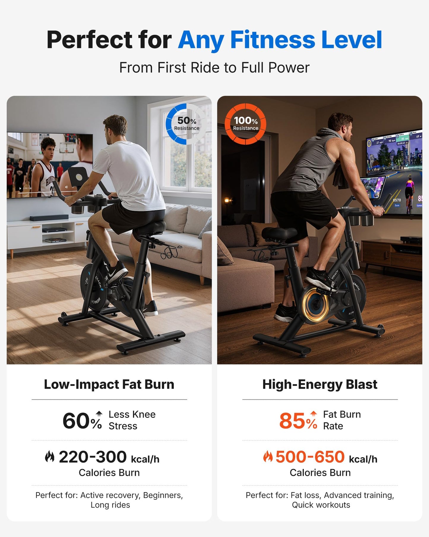 Merach exercise bike, quiet magnetic system, app support, 270LB capacity, home cycling.