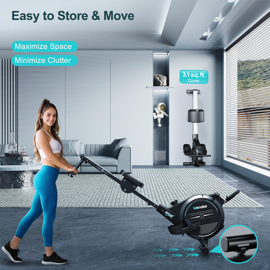 Wenoker rowing machine, magnetic resistance, 16 levels, 350LB capacity, Bluetooth app, LCD monitor.