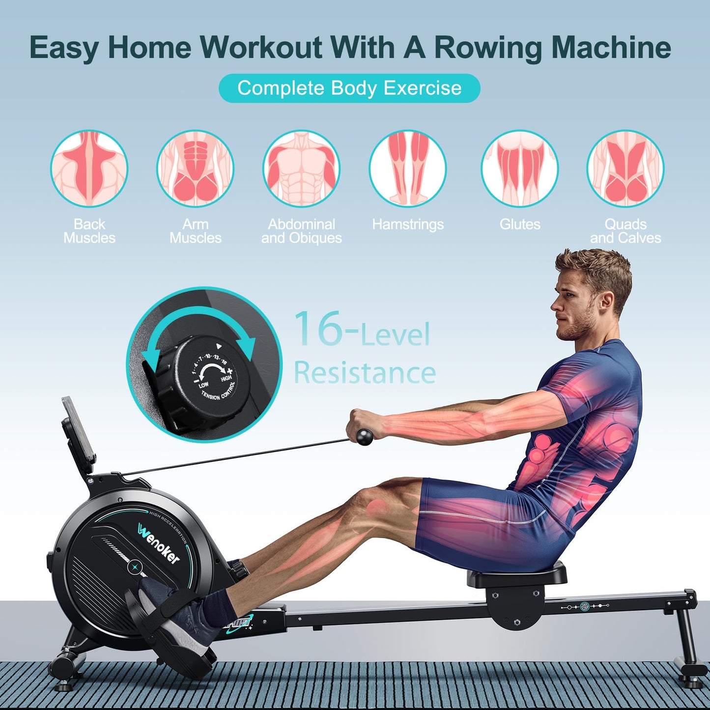 Wenoker rowing machine, magnetic resistance, 16 levels, 350LB capacity, Bluetooth app, LCD monitor.