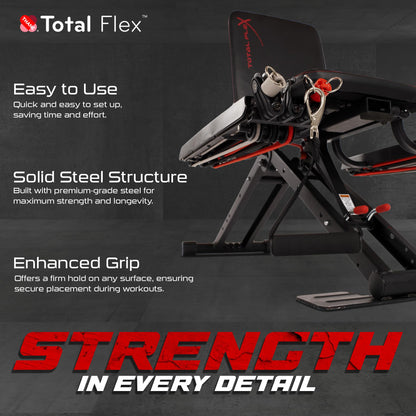 TOTAL FLEX folding bench, multi-function workout bench, compact home gym equipment.