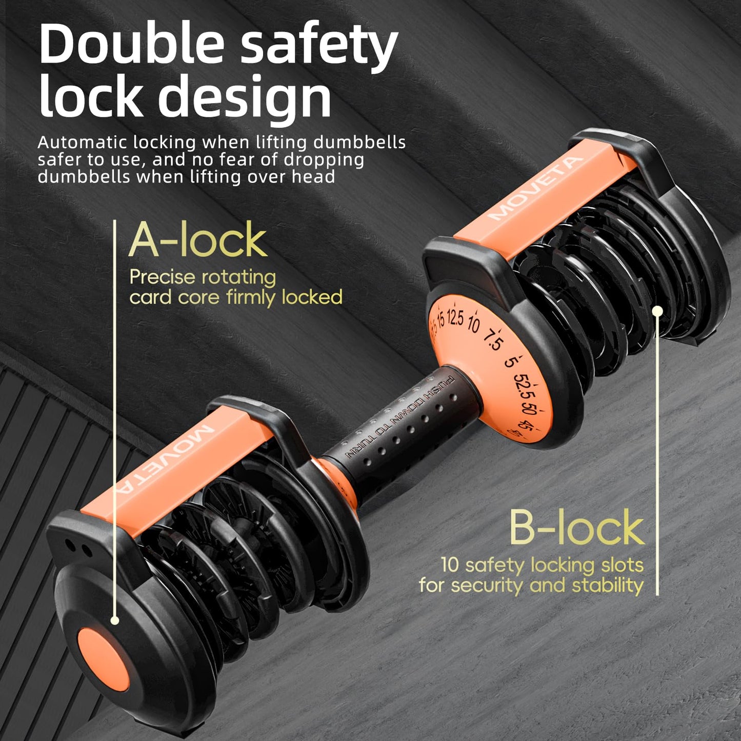 Moveta adjustable dumbbells, 105lbs set, 15-in-1 design, ideal for home strength training.
