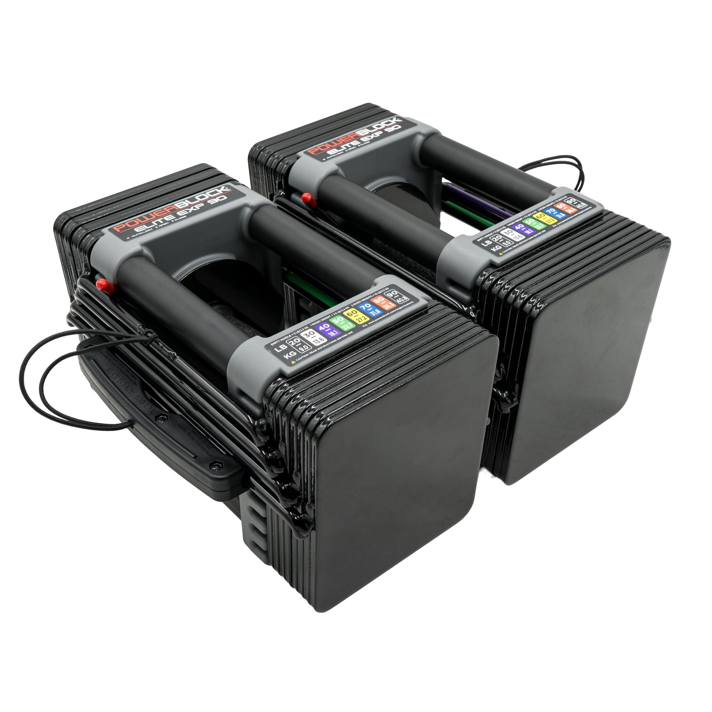 PowerBlock Elite EXP dumbbells, adjustable 5–50lbs, compact, durable all-in-one weights.